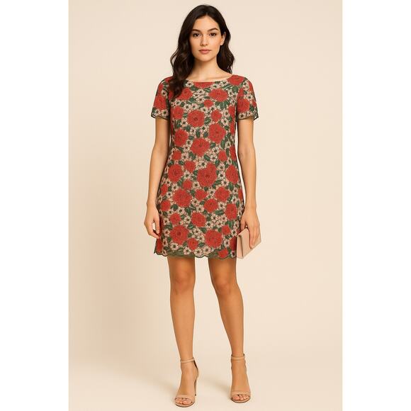 Tahari Floral Embroidered Lace Dress Pink Green Red 14 Elegant Cocktail - Picture 1 of 12